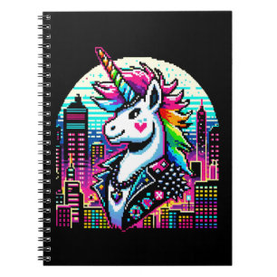 Cyberpunk Unicorn Neon Pixel Art City Design Notizblock