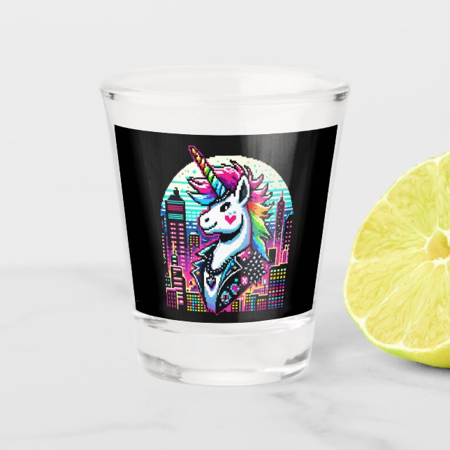 Cyberpunk Unicorn Neon Pixel Art City Design Schnapsglas (Vorderseite)