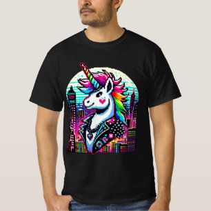 Cyberpunk Unicorn Neon Pixel Art City Design T-Shirt