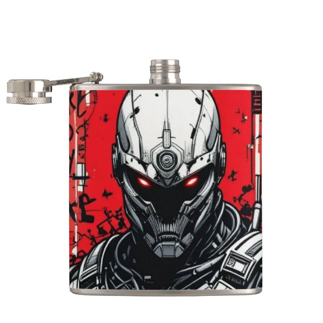 Cyberpunk Warrior Graffiti Flask - Rot, Schwarz Flachmann (Geöffnet)