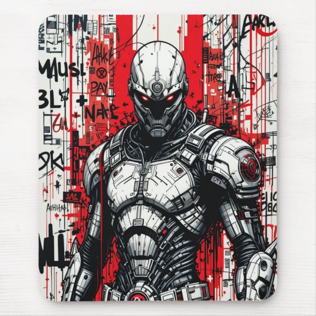 Cyberpunk Warrior Graffiti Mousepad - Rot, Schwarz (Vorne)