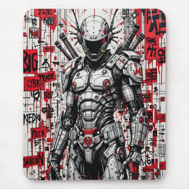 Cyberpunk Warrior Graffiti Mousepad - Rot, Schwarz (Vorne)