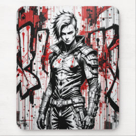 Cyberpunk Warrior Graffiti Mousepad - Rot, Schwarz