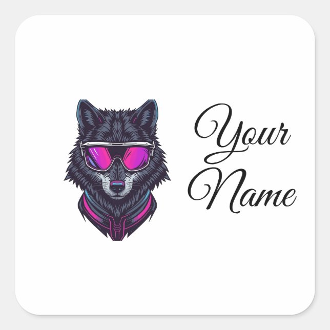 Cyberpunk Wolf Neon Art Personalizable Name Mug -  Quadratischer Aufkleber (Vorderseite)