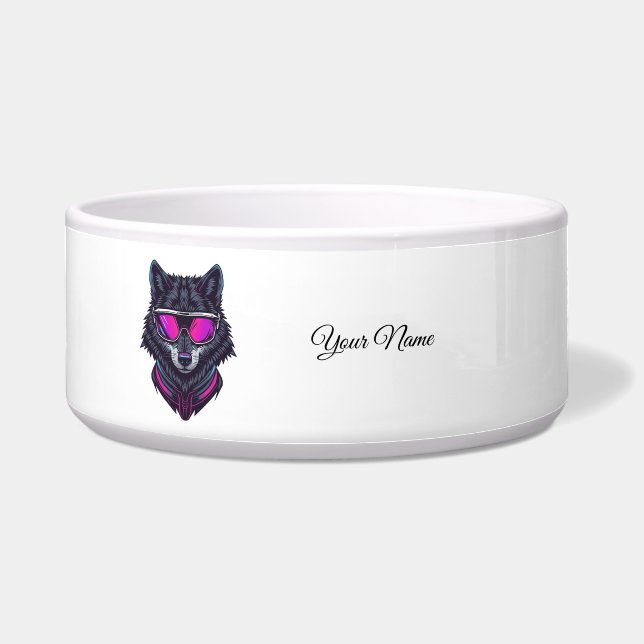 Cyberpunk-Wolf-Neon-Kunst Personalisierbarer Namen Napf (Vorderseite)