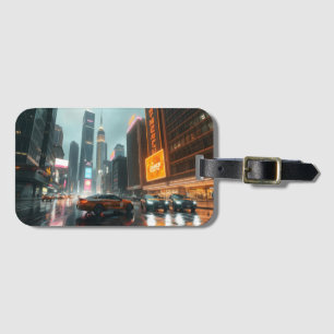 Cyberpunk Wolkenkratzer Stadt Autos Gepäckanhänger
