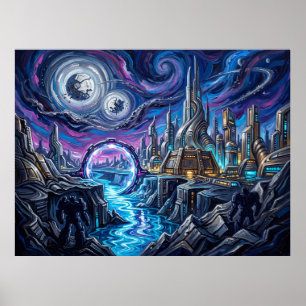 Cybertron Sternen Nacht Sci-Fi-Landschaft Poster
