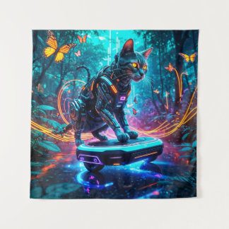 Cyborg Cat Races in Neon Dschungel Wandteppich