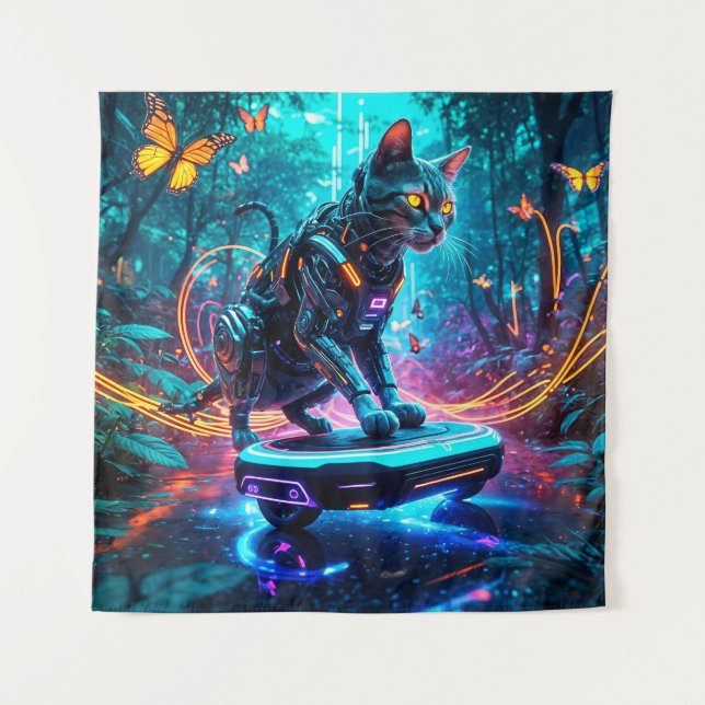 Cyborg Cat Races in Neon Dschungel Wandteppich (Vorderseite)