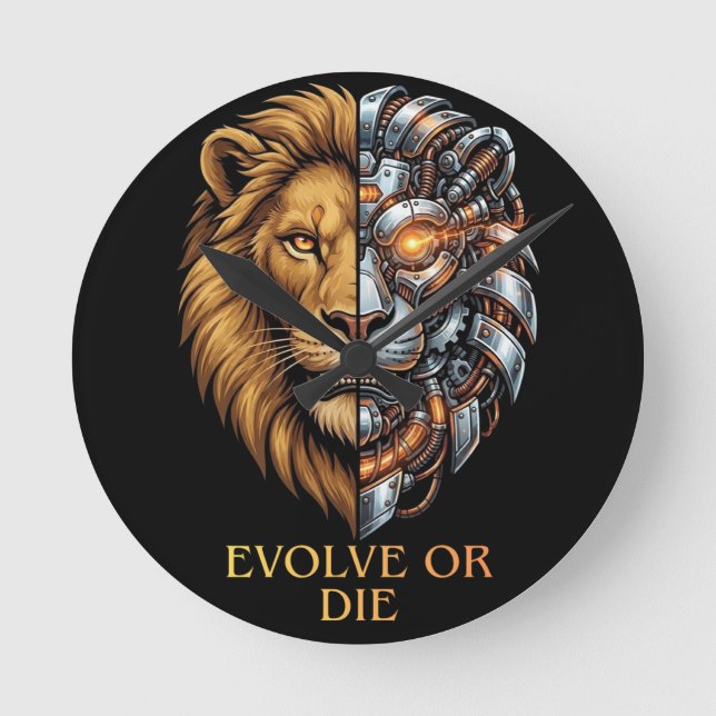 Cyborg-Löwe: Evolviere oder Stirb - Motivierende K Runde Wanduhr (Vorderseite)