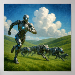 Cyborg und Roboterwölfe laufen Poster