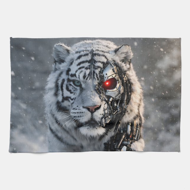 Cyborg white tiger kitchen towel, futuristic sci-f geschirrtuch (Horizontal)