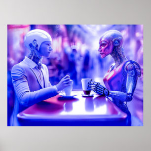 Cyborgs essen Getränke bei Straßenkaffee (AI) Poster