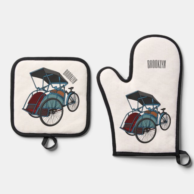 Cycle Rickshaw Cartoon Illustration Ofenhandschuh & Topflappen-Set (Vorderseite)