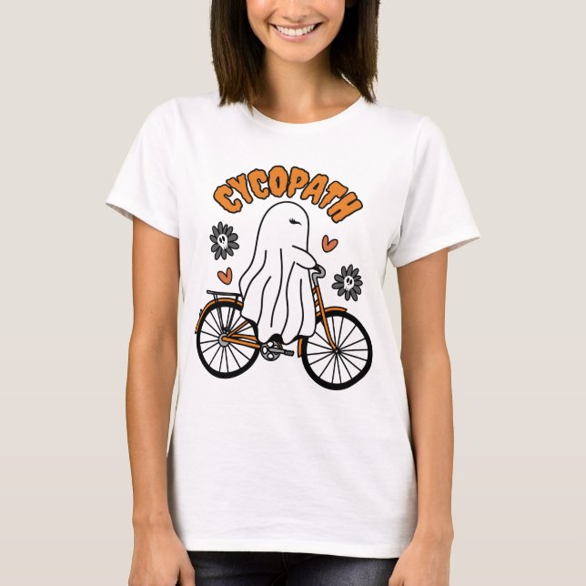 Cycopath Halloween Ghost on Orange Bicycle T-Shirt (Vorderseite)