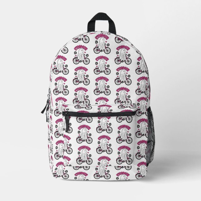 Cycopath Halloween Ghost on Pink Bicycle Bedruckter Rucksack (Vorderseite)