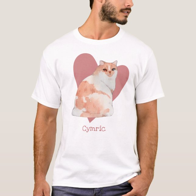 Cymric Cat Watercolor Kitty Pink Herz T-Shirt (Vorderseite)