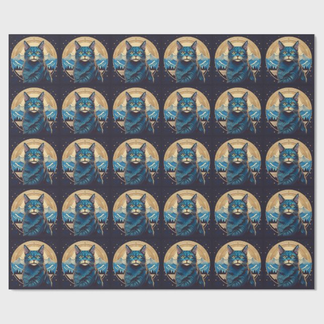 Cymric-Katze mit Bergkulisse Sterne Geschenkpapier (Flach)