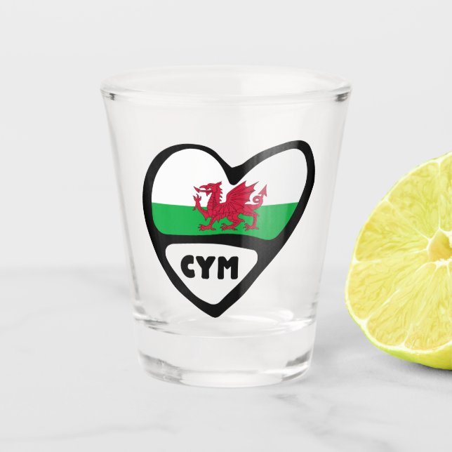 Cymru Wales Ländercode Flaggenherz Schnapsglas (Vorderseite)