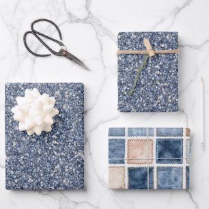 Dеним Blau Glitter Faux Denim Geburtstag Geschenkpapier Set
