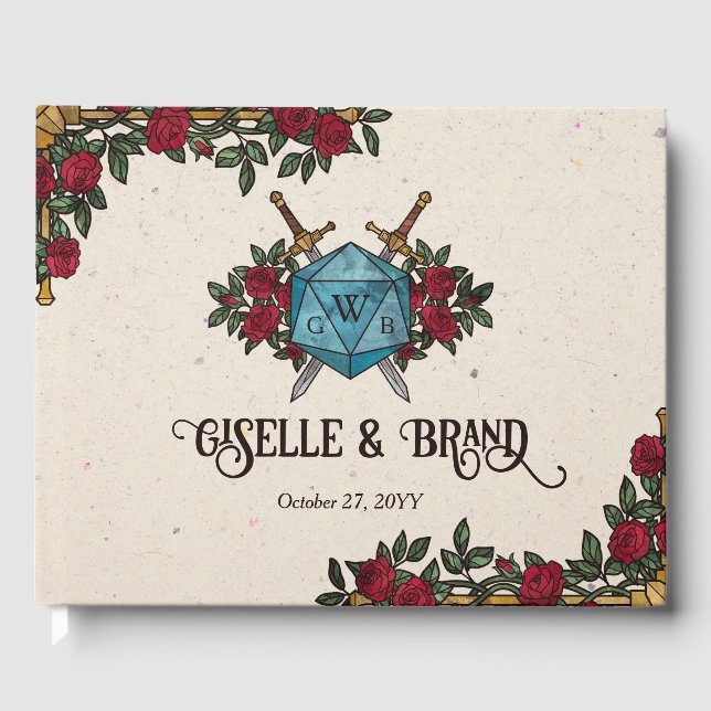 D20 Monogramm-Rosen RPG-Hochzeit Gästebuch (Vorderseite)