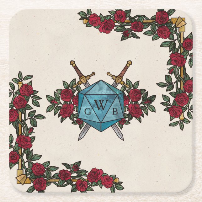 D20 Monogramm-Rosen RPG-Hochzeit  Rechteckiger Pappuntersetzer (Vorderseite)