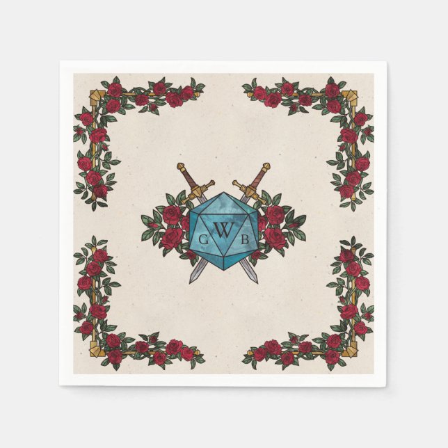 D20 Monogramm-Rosen RPG-Hochzeit  Serviette (Vorderseite)