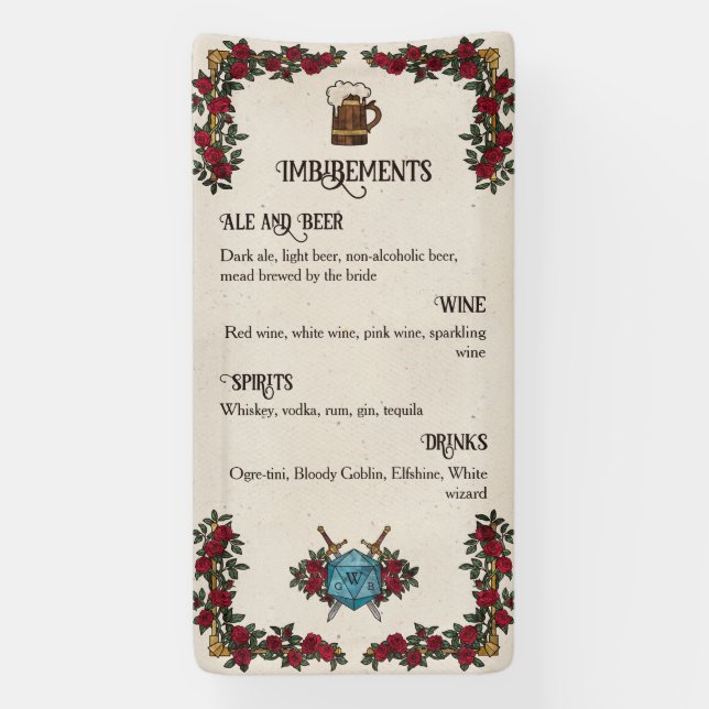D20 Monogramm-Rosen RPG-Hochzeitsbar-Menü Banner (Vertikal)