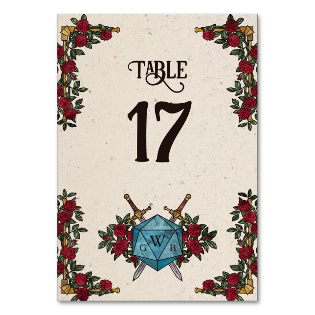 D20 Monogramm-Rosen RPG-Hochzeitstisch-Nummer Tischnummer (Vorderseite)