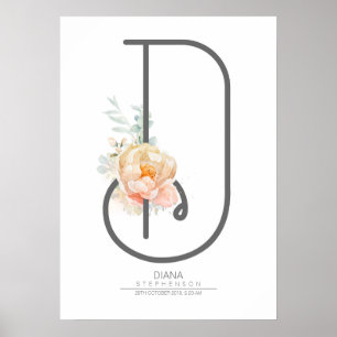 D Buchstabe Monogramm Rosé Pfirsich Blumen Heimdek Poster