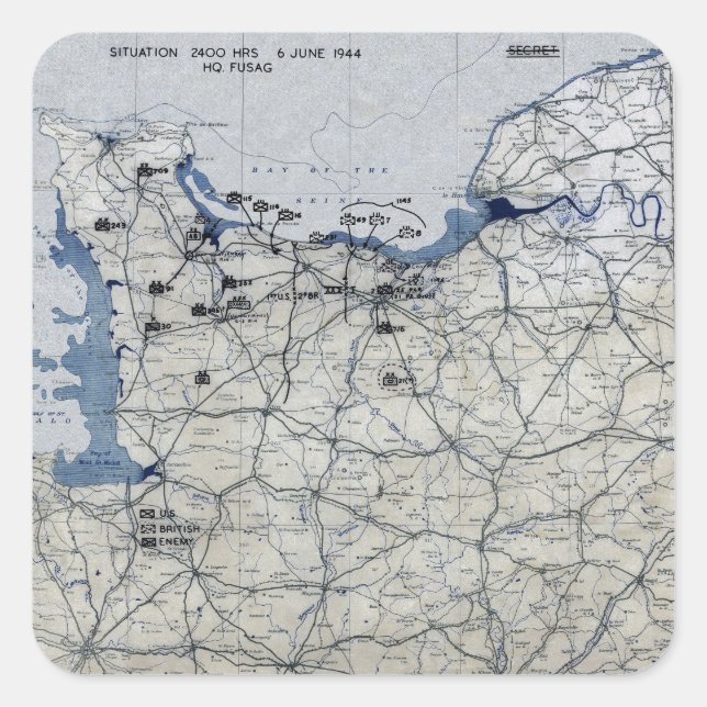 D-Day Map des Zweiten Weltkriegs 6. Juni 1944 Quadratischer Aufkleber (Vorderseite)