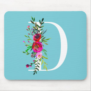 D Letter Initial Monogram Floral Custom Color Mousepad