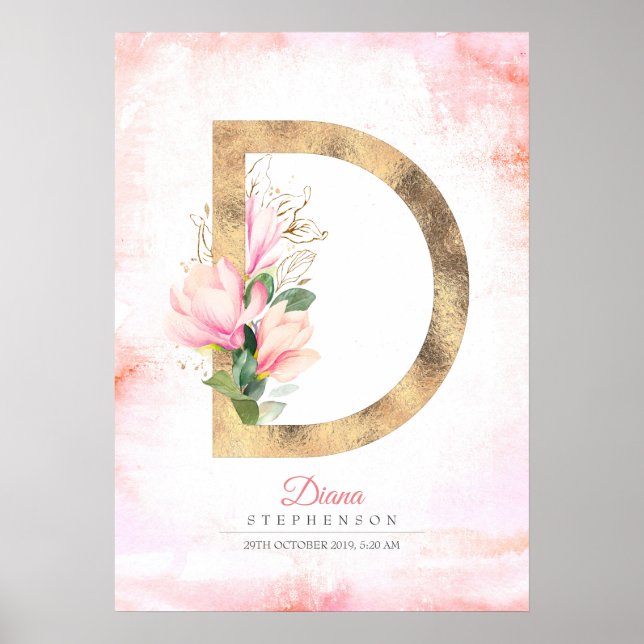 D Letter Monogram Gold Blätter Pink Magnolia Flora Poster (Vorne)