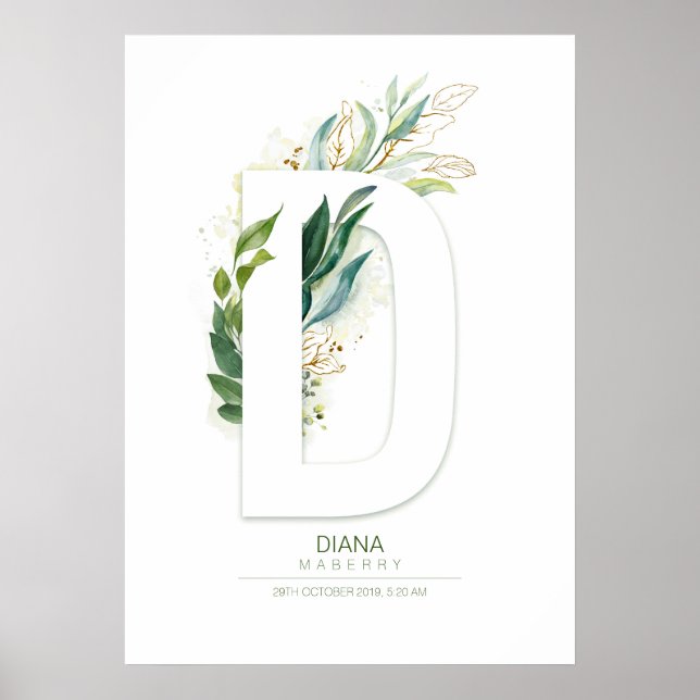 D Letter Monogram Gold Greenerage Foliage Chic Poster (Vorne)