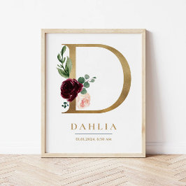 D Letter Monogram Name Marsala Floral Kinderzimmer Poster