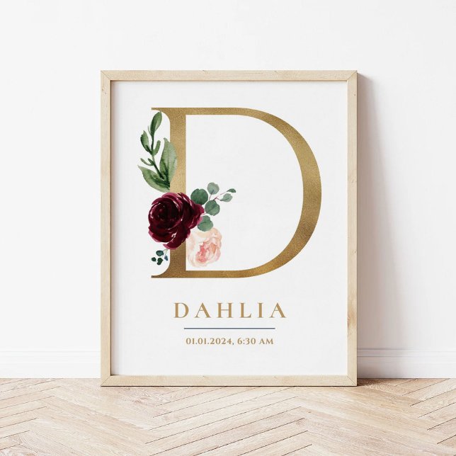 D Letter Monogram Name Marsala Floral Kinderzimmer Poster (Von Creator hochgeladen)