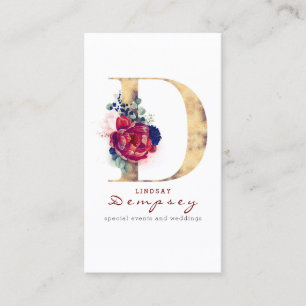 D Monogram Burgundy Gold und Navy Blue Floral Visitenkarte