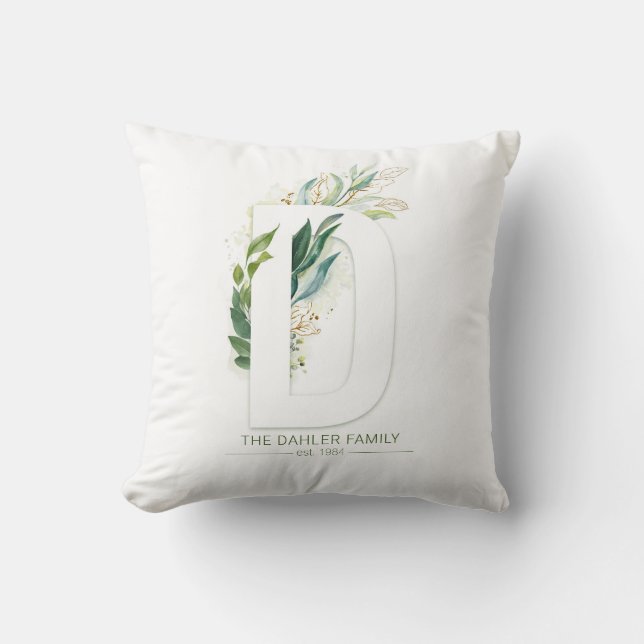 D Monogram Elegant Gold Green Familienname Kissen (Vorderseite)