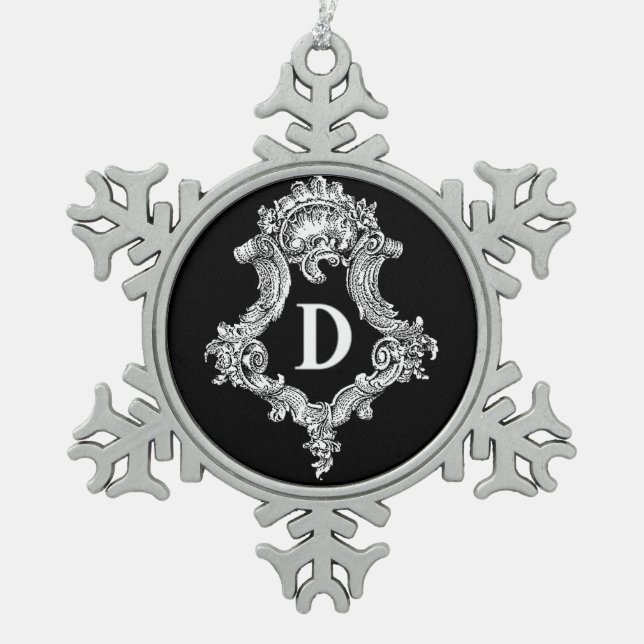D Monogramm Erstverzierung Schneeflocken Zinn-Ornament (Vorderseite)