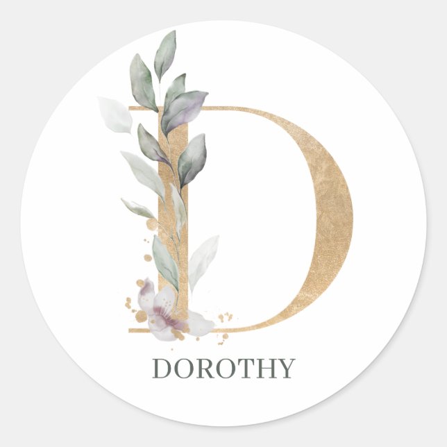 D Monogramm Floral Personalisiert Runder Aufkleber (Vorderseite)