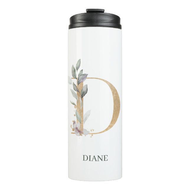 D Monogramm Personalisierter floraler Tumbler Thermosbecher (Vorderseite)