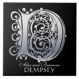 D Monogramm "Silver Lace on Black" mit Namensliste Fliese