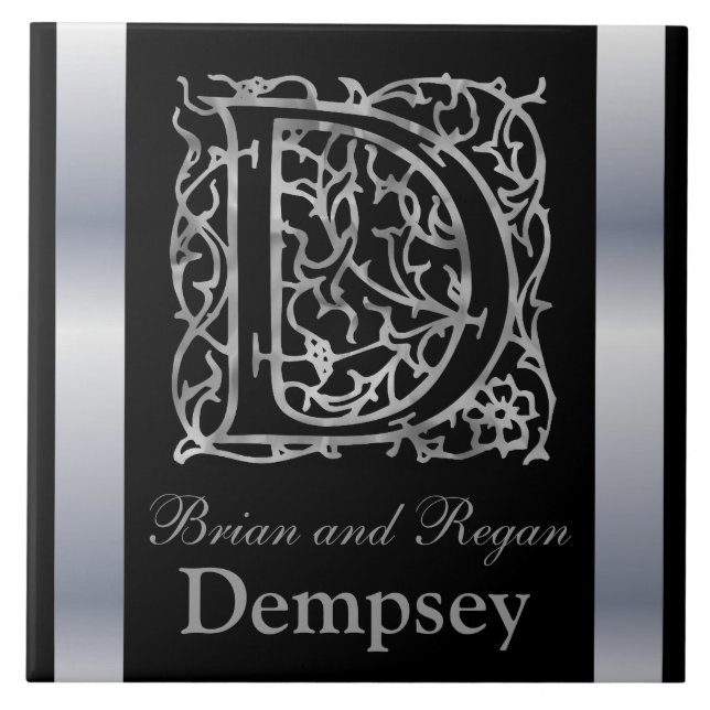 D Monogramm und Name "Besque on Black" Keramik Til Fliese (Vorderseite)