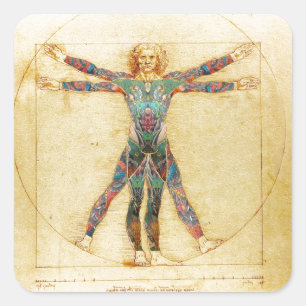 Da Vincis Vitruvian Mann mit Tätowierungen Quadratischer Aufkleber