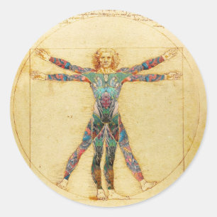 Da Vinci's Vitruvian Mann mit Tattoos Runder Aufkleber