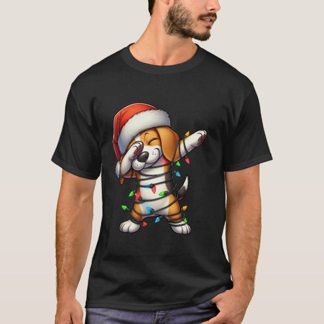 Dabbing Beagle Weihnachtslicht Weihnachtsmannmütze T-Shirt (Vorderseite)