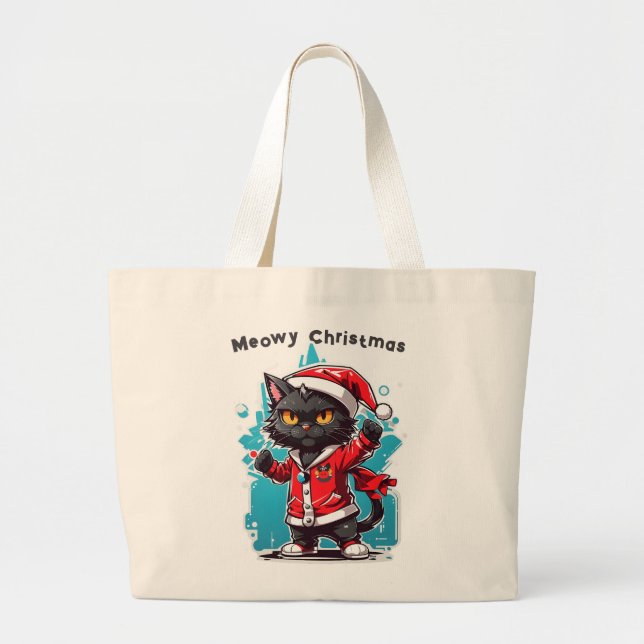 Dabbing Black Cat: Meowy Weihnachtsfeierlichkeiten Jumbo Stoffbeutel (Vorne)
