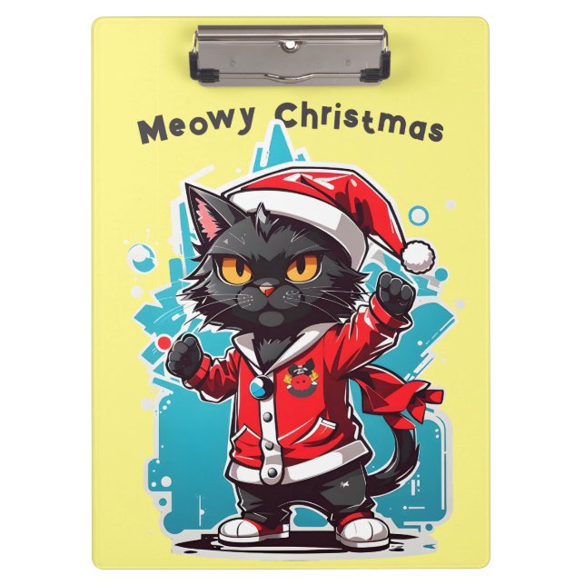 Dabbing Black Cat: Meowy Weihnachtsfeierlichkeiten Klemmbrett (Vorderseite)