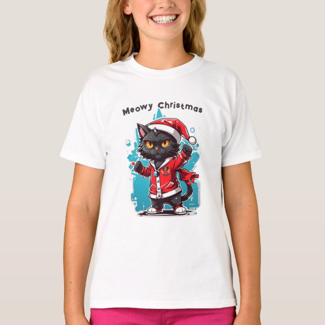 Dabbing Black Cat: Meowy Weihnachtsfeierlichkeiten T-Shirt (Vorderseite)