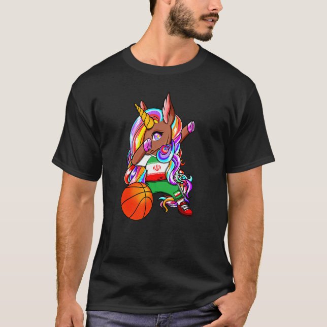 Dabbing Brown Skin Unicorn Iran Basketball Fans Je T-Shirt (Vorderseite)